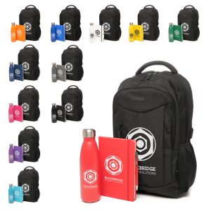 The New Starter Pack is a practical and stylish way to welcome employees, clients, or partners while reinforcing your corporate identity. Each set includes a branded modern backpack with ample storage and a padded laptop pocket, an A5 notebook paired with a matching pen, and a double-walled stainless steel drinks bottle from the Ashford range— all packed neatly inside the bag. With each item customised with your company logo, this set provides maximum visibility across multiple everyday touchpoints. Perfect for on-boarding programmes, exhibitions, trade shows, and corporate events, this promotional gift pack delivers lasting value as merchandise that recipients will continue to use long after the occasion. The products can be decorated with print, engraving, or digital print methods, allowing you to tailor the branding to your requirements. Combining function and style, the New Starter Pack is an excellent choice for corporate advertising, employee engagement, and promotional merchandising campaigns