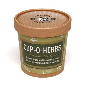 12oz natural paper cup containing two Cocopress® compost tablets, a seed packet with various varieties to choose from including Basil, Chamomile, Chives, Fennel, Herb mixture (Basil & Chives), Mint, Parsley, Sage along planting instructions and a branded paper label to the lid.