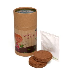 A natural cylinder drum-style pot featuring a vibrant, digitally printed wraparound label (lid label option available at additional cost). The kit includes two Cocopress® compost tablets, a seed packet of your choice with an extensive range to choose from. Growing instructions are conveniently printed on the base of the seed drum. Available in a natural finish to perfectly complement your branding.