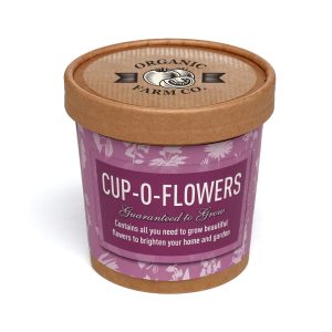12oz natural paper cup containing two Cocopress® compost tablets, a seed packet with many varieties to choose from including English Daisy, Butterfly and Bee mixture, Cornflower, Forget me Not, Sunflower, Dwarf Sunflower, Summer Flowers, Evening Primrose, Lavender, Strawberry, Poppy, Wildflower and Xmas Tree along with planting instructions and a branded paper label to the lid.