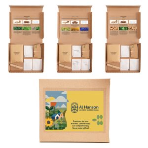 Post-friendly grow kit containing 3 seed packets with a choice of either Flower (butterfly & bee mix, sunflower, cornflower), Herb (basil & chive mix, sage, mint), or Veg (onion, cabbage, parsnip), along with 3 Cocopress® compost tablets, 3 mini natural paper plant pots, 3 plant markers and a mini pencil.