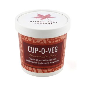 12oz white paper cup containing two Cocopress® compost tablets, a seed packet with a wide variety to choose from including Veg, Radish, Onion, Cabbage, Lettuce and Parsnip along with planting instructions and a branded paper label to the lid.