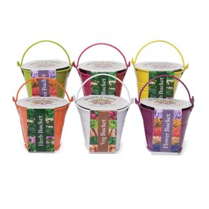 Coloured metal mini bucket with handle, containing a Cocopress® compost tablet and a seed packet (wide variety of seeds available). Supplied with a choice of a Herb, Vegetable or Flower pre-printed sleeve with sowing instructions to the side and features your branding to a label on the top.