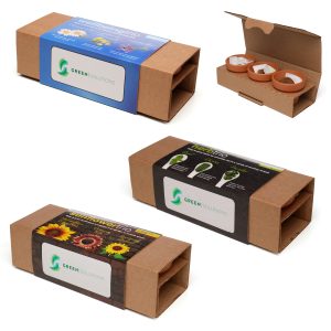 Three 55mm terracotta pots each containing a Cocopress® peat-free compost tablet and a different packets of seeds. The set is neatly presented in natural kraft packaging with a pre-printed sleeve featuring a dedicated space on the front panel for a full colour logo. Choose from the following trio options: Herb (Basil, Chives, Parsley), Sunflower (Giant Sunflower, Evening Sun, Sunspot Dwarf), Wellbeing (Chamomile, Evening Primrose, Lavender).