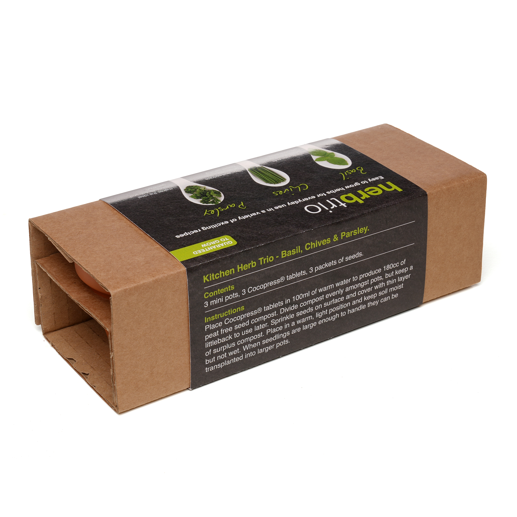 Three 55mm terracotta pots each containing a Cocopress® peat-free compost tablet and a different packets of seeds. The set is neatly presented in natural kraft packaging with a pre-printed sleeve featuring a dedicated space on the front panel for a full colour logo. Choose from the following trio options: Herb (Basil, Chives, Parsley), Sunflower (Giant Sunflower, Evening Sun, Sunspot Dwarf), Wellbeing (Chamomile, Evening Primrose, Lavender).