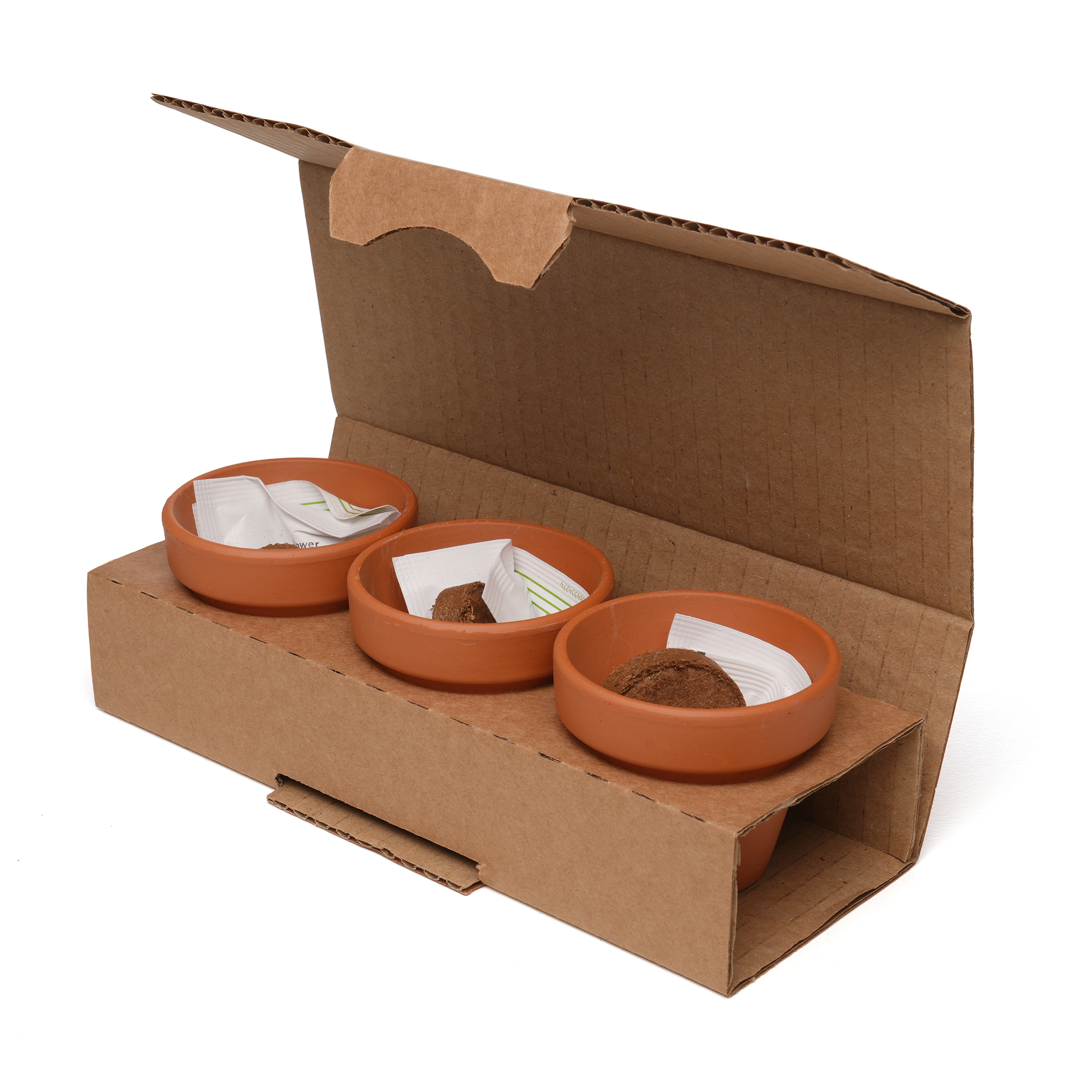 Three 55mm terracotta pots each containing a Cocopress® peat-free compost tablet and a different packets of seeds. The set is neatly presented in natural kraft packaging with a pre-printed sleeve featuring a dedicated space on the front panel for a full colour logo. Choose from the following trio options: Herb (Basil, Chives, Parsley), Sunflower (Giant Sunflower, Evening Sun, Sunspot Dwarf), Wellbeing (Chamomile, Evening Primrose, Lavender).