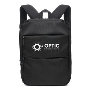Extendable backpack made from 600D RPET with two zipped front pockets, side bottle holder, padded shoulder straps and breathable padded back.