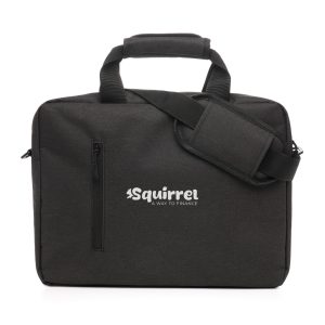 3000D RPET laptop satchel bag featuring a polyester lining, foam padding, webbed short handles, and a removable adjustable strap. The bag includes a front zipped pocket for holding valuables and comes with a pre-printed RPET label.