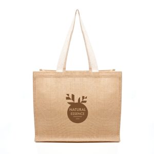 Natural laminated jute shopper with long flat cotton webbing handles.