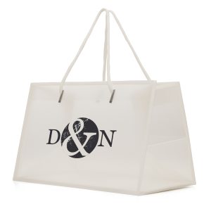 Translucent luxury style gift bag with 50% recycled plastic body, nylon handles and white trim, perfect for stylish packaging of premium gifts, beauty products, tech and more.