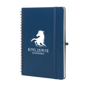 A5 spiral bound notebook made from certified ocean destined plastic cover, 80 sheets of recycled lined paper featuring an informative OBP ( Ocean Bound Plastic) awareness page, with an elastic closure and pen loop.
