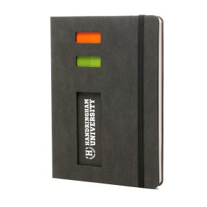 PU cardboard backed notebook with 96 plain pages, elastic closure, 3 sticky flag sets, 2 pen slots and phone holder. A practical branded gift for everyday use.
