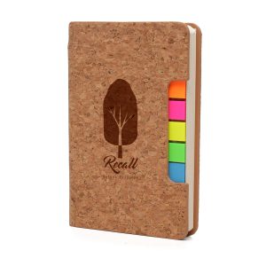 PU notebook with double cork cover, pen slot to spine, 100 lined sheets and 5 coloured sticky flag sets. Notebook size approx. A6 slim.