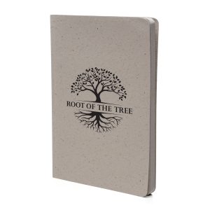 A5 notebook with elephant dung fibre cover, 80 sheets of 75gsm 100% recycled lined paper. Supplied with recycled paper information bellyband and inside story page.