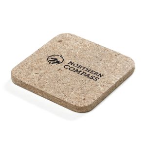 Coaster made from 96% agricultural waste and 4% naturally occurring binders, featuring a natural textured finish and a large branding area for everyday promotional use.