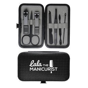 A premium 7-piece grooming set crafted from durable carbon steel and stainless steel, presented in a stylish faux leather case. Includes bevelled nail scissors, flat nail scissors, tweezer, scissors, nail file, dead skin fork and straight pusher.