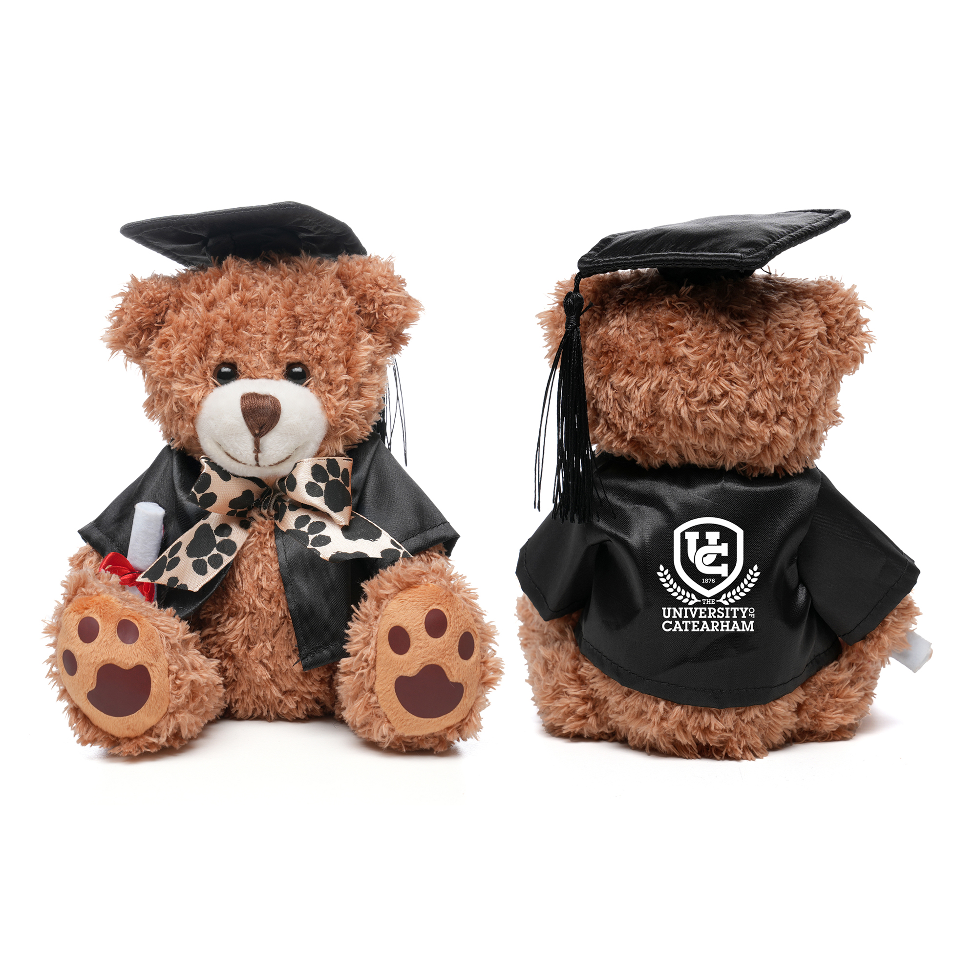 Crafted with soft polyester fabric and filled with cotton, this 18cm teddy bear features embroidered nose and mouth, PP plastic eyes, and a charming ribbon neck tie for a touch of elegance. The graduation edition comes dressed in a classic gown, holding a scroll and wearing a graduation cap, making it a perfect commemorative keepsake.