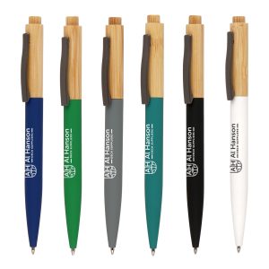 A stylish two-tone push action ball pen featuring a vibrant soft feel lower barrel and bamboo upper barrel finished with a gun metal clip.