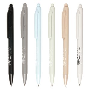 Modern recycled plastic ball pen with push action mechanism, black ink refill and sleek design.