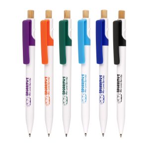 A promotional ball pen made from ocean-bound recycled plastic. It boasts a clean white barrel, colourful trim, bamboo plunger, and offers a spacious print area for your brand's message! Recycled symbols pre-printed to the back of the pen.