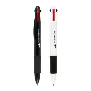 A useful RPET ball pen that holds 4 different colour ink refills including black, blue,red and green ink. Also features a comfort grip to ease pressure whilst writing. Recycled symbol pre-printed to the back of the pen.