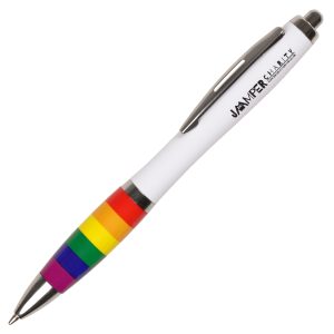 Curvy push action ball pen with eye-catching rainbow detail to the grip section.