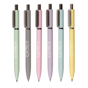 A stylish ball pen with a recycled aluminium barrel featuring a soft feel pastel finish, iron band, clip, and pusher. Includes a pre-printed recycled symbol.