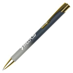 Aluminium ball pen with dark grey to light grey ombre barrel and gold trims for a premium finish. Engraves gold for a striking branded finish.