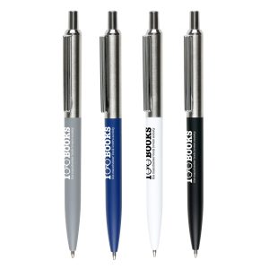 Smart ball pen with recycled ABS lower barrel, sleek steel upper barrel and pre-printed recycled symbol, a modern twist on a classic design.