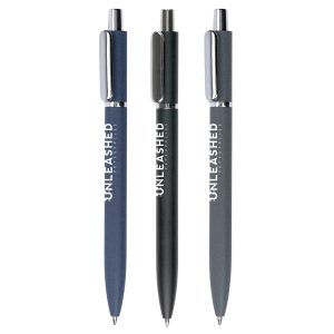 Aluminium ball pen with a unique granite-like textured barrel and polished metal trim. A stylish and tactile choice for modern branding.