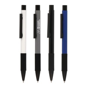 A modern metal push action ball pen with large feature clip and a silicone grip designed to enhance comfort and control, providing a non-slip experience. The black trims offer a contemporary feel.