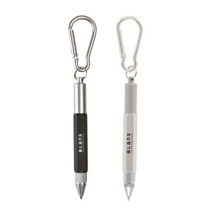 Crafted with a durable aluminium barrel this key ring tool pen with cm/inch ruler markings, stylus and mini screwdrivers. The added mini split ring with carabineer attachment allows you to attach keys, bag, or belt loop for easy access on the go.