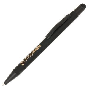 A soft-feel all black stylus pen with matching trim provides a super sleek look. A gold undercoat provides a stylish engrave option. Chrome under coat option also available (TPC580403)