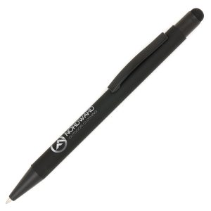 A soft-feel all black stylus pen with matching trim provides a super sleek look. A chrome undercoat provides a stylish engrave option. Gold under coat option also available (TPC580402)