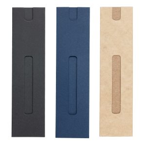 Card pen sleeve with window to display branding on the barrel of the pen. Price is for unprinted. Sleeve will be pre-branded with recycling code symbol.