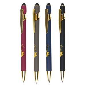 A sleek modern design in this soft feel ball pen with gold trim and stylus. Undercoated for a gold engrave finish.