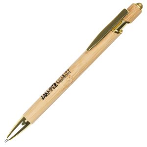 The promotional bamboo ball pen with gold trim and stylus is a premium writing tool featuring a natural bamboo barrel and gold stylus.