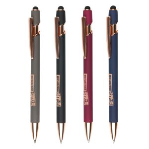 A sleek modern design in this soft feel ball pen with rose gold trim and stylus. Undercoated for a rose gold engrave finish.