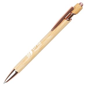 The promotional bamboo ball pen with rose gold trim and stylus is a premium writing tool featuring a natural bamboo barrel and rose gold stylus.