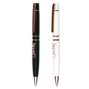 A robust yet elegant ball pen with a sublime twist action mechanism. The smooth gloss barrel and rose gold trim complete the high-end feel. Undercoated rose gold for a rose gold engrave finish.