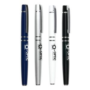 A sophisticated rollerball pen with a stainless steel barrel, polished chrome trims, and removable cap. A prestige writing instrument with a high-end feel. Matching ball pen available to create a set.