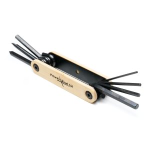 Compact bike repair kit with carbon steel tools and bamboo handle plates. Includes 4 hex keys and 3 screwdriver heads.