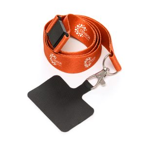 RPET lanyard full colour dye sublimation to both sides (same design), comes with mobile phone patch attachment for convenient hands-free carrying.