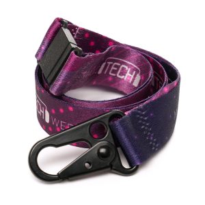 RPET lanyard full colour dye sublimation to both sides (same design), comes with chunky carabiner clip attachment for securely holding ID cards, passes, keys or other accessories.