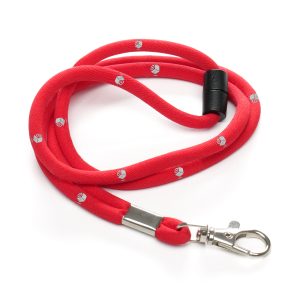 Polyester woven cord lanyard with silver metal swivel trigger clip and black plastic safety break.