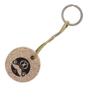 Round keyring made from agricultural waste composite (rice husk and wheat straw with natural binders). Finished with a cotton cord and spring steel split ring.