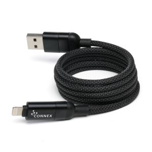 100cm braided 100W super fast charge cable delivers high-speed charging for phones, tablets, and laptops. Featuring four connectors (USB-C/8-pin Lightning, to USB-C/USB-A) and a magnetic clasp coil for neat storage.