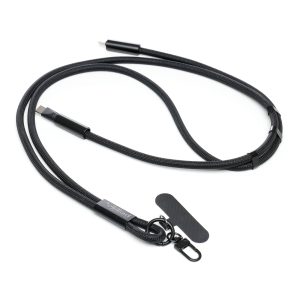 150cm 60W super fast-charging USB-C to USB-C lanyard charger delivers rapid power for phones, tablets, and other devices. Crafted from premium woven materials with metal accents, it features a phone patch attachment and clip for accessories.