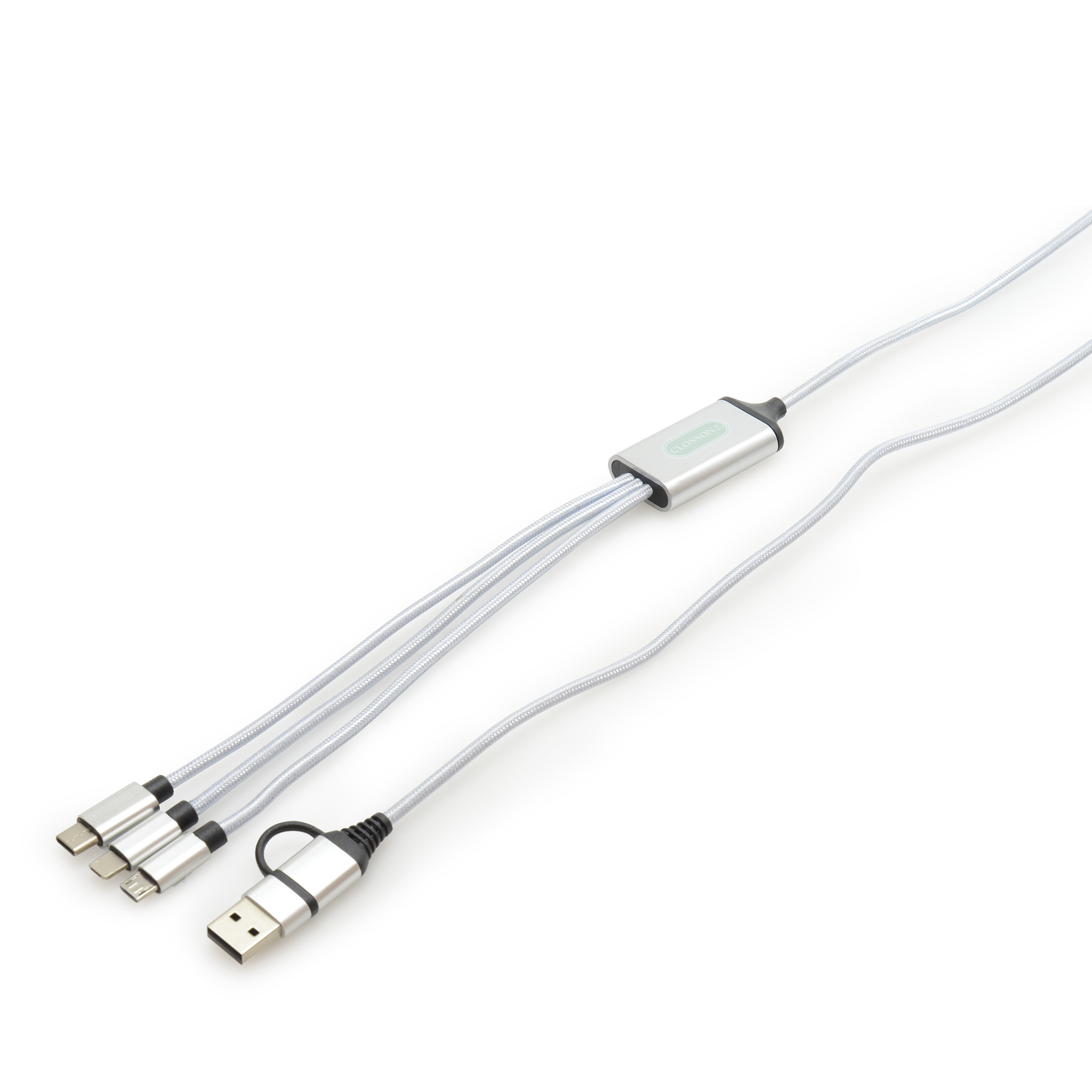 105cm 10W charger with woven polyester cable, dual USB-A/USB-C power adapter and USB-C, 8-pin lightening and micro USB connectors. Laser engraving allows your logo to be lit up when in use. Engraving to both sides at an additional cost.