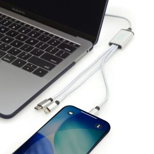 105cm 10W charger with woven polyester cable, dual USB-A/USB-C power adapter and USB-C, 8-pin lightening and micro USB connectors. Laser engraving allows your logo to be lit up when in use. Engraving to both sides at an additional cost.